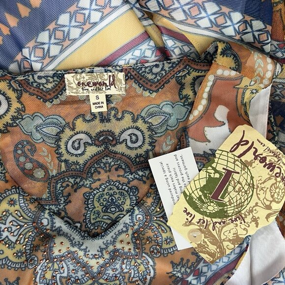 One World Tunic Tank Top Small Medium XL Mesh Overlay Blue Orange Rhinestone Art - Picture 6 of 11